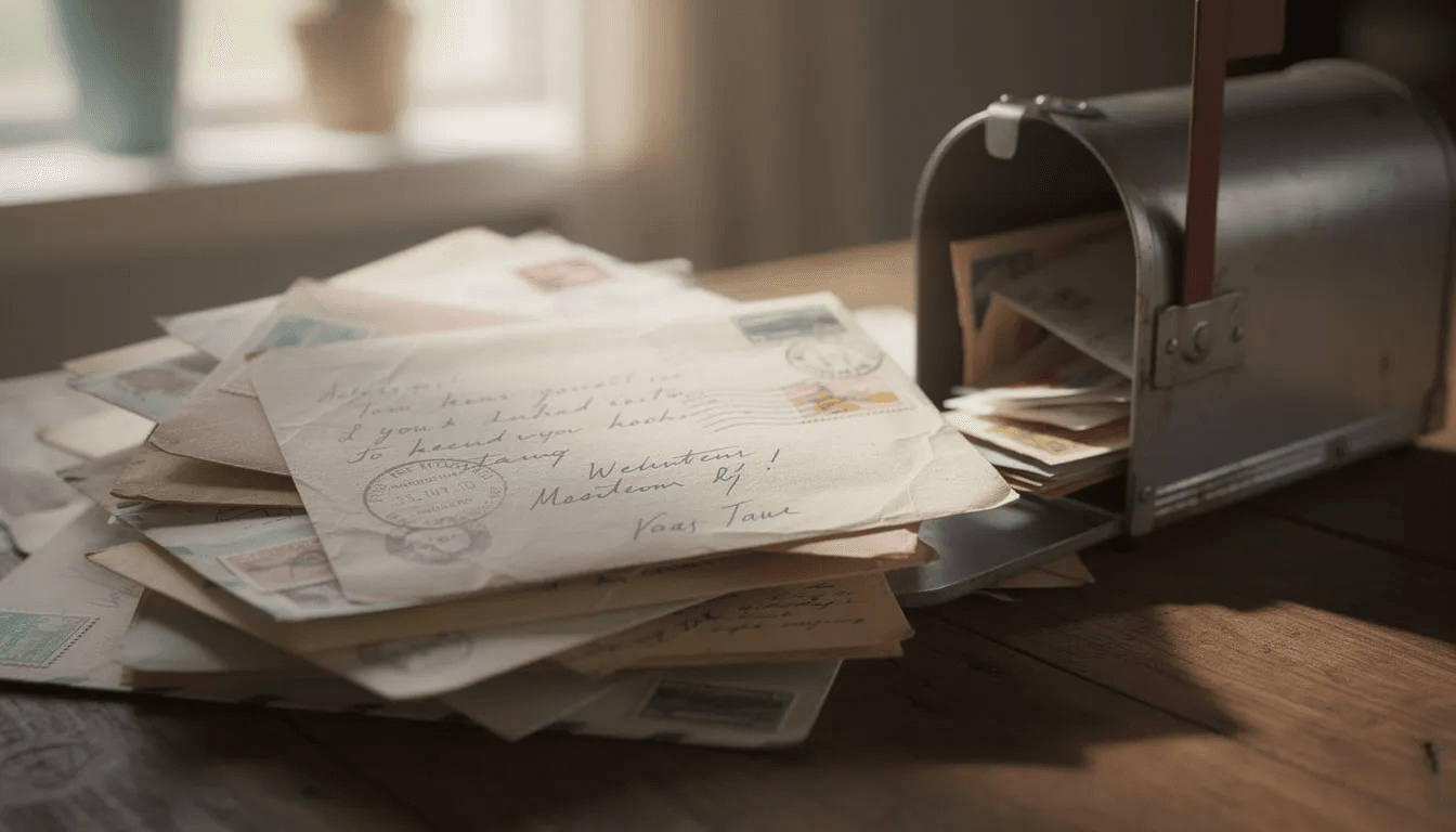 A stack of letters and envelopes sits on a table next to a mailbox, possibly containing important correspondence from debt collectors or collection agencies. This scene highlights the potential risks of debt collection scams, where consumers may receive misleading information or threats regarding legitimate debt.