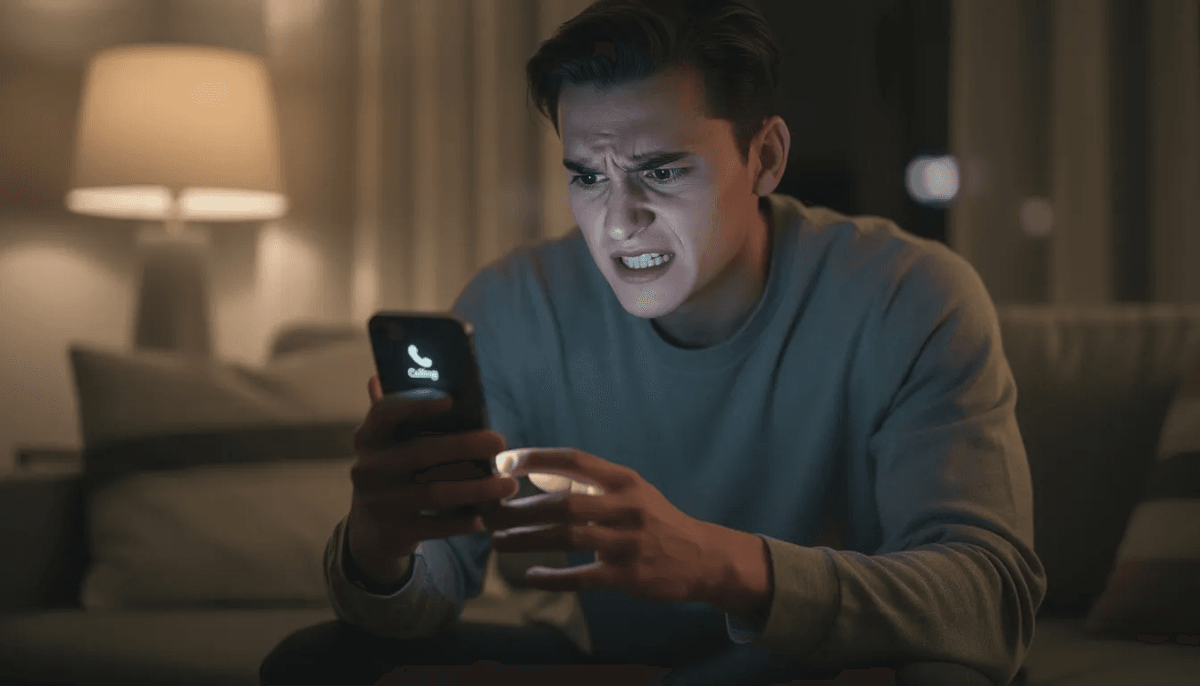 The image depicts a frustrated person holding a ringing smartphone, symbolizing the stress often associated with unpaid debts and aggressive debt collection practices. This moment captures the emotional toll that debt buyers and collection agencies can impose on consumers facing delinquent debt.