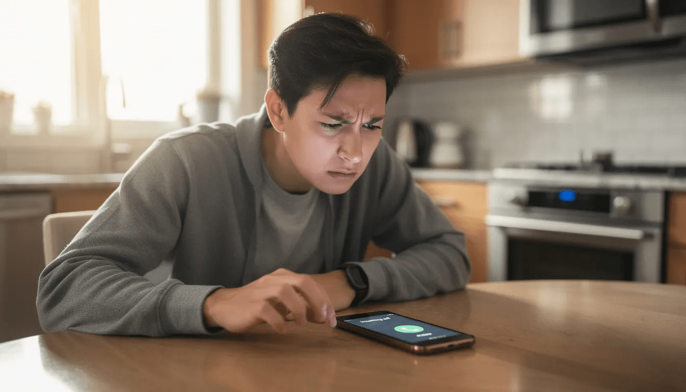 A person appears annoyed while staring at a ringing smartphone on a kitchen table, possibly anticipating a call from a debt collector regarding their credit card debt or student loan debt. The scene reflects the stress and frustration often associated with debt collection practices and financial problems.