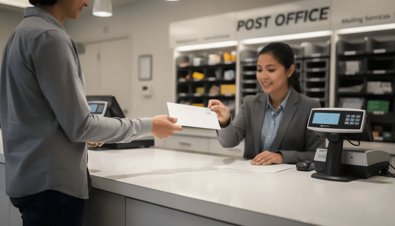A person stands at a post office counter, mailing an envelope, possibly containing important documents related to managing debt or responding to debt collector contacts. The scene highlights the everyday actions individuals take while dealing with consumer debts and the complexities of communication with collection agencies.
