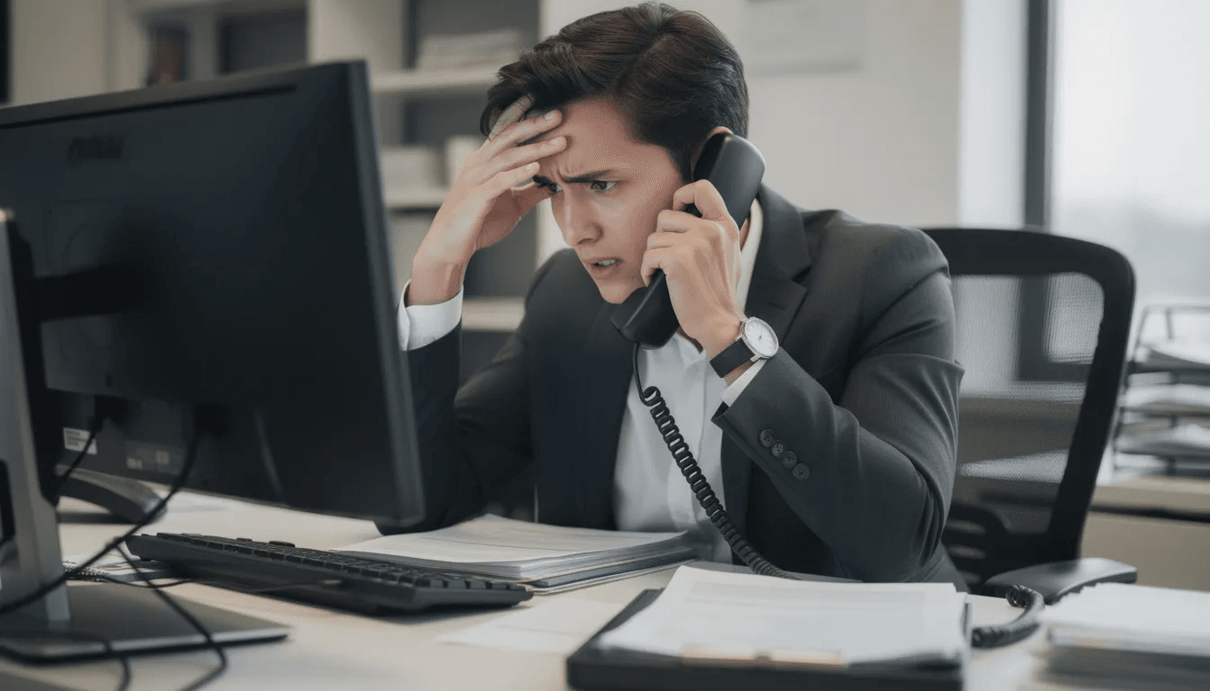 A stressed person sits at an office desk, gripping a telephone receiver as they deal with a call from a debt collector. The tension reflects the challenges of navigating debt collection practices and the legal rights consumers have under federal law.
