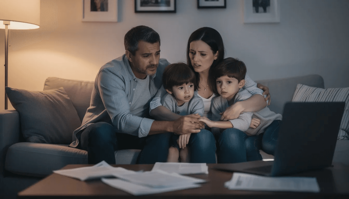 The image shows a worried family gathered in their living room, with expressions of concern on their faces as they discuss a personal financial matter that may involve debt collectors. This scene reflects the stress that can arise from debt collection calls and the impact of managing debt on family dynamics.