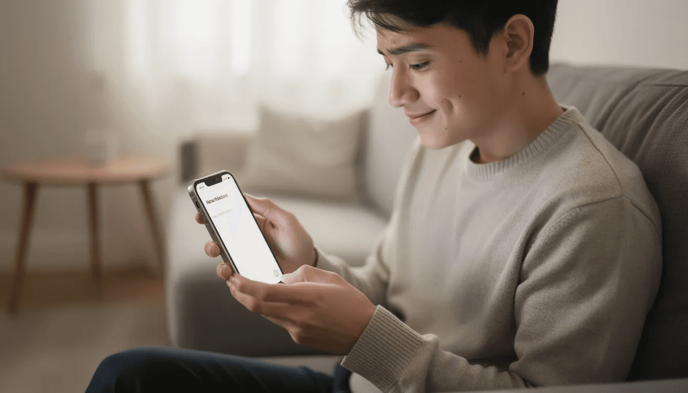 A relieved person is checking their phone, smiling as they see no new notifications, suggesting a moment of peace away from debt collector calls and the stress of unpaid debt. The scene captures the comfort of being free from the pressure of a collection agency and the burden of financial worries.