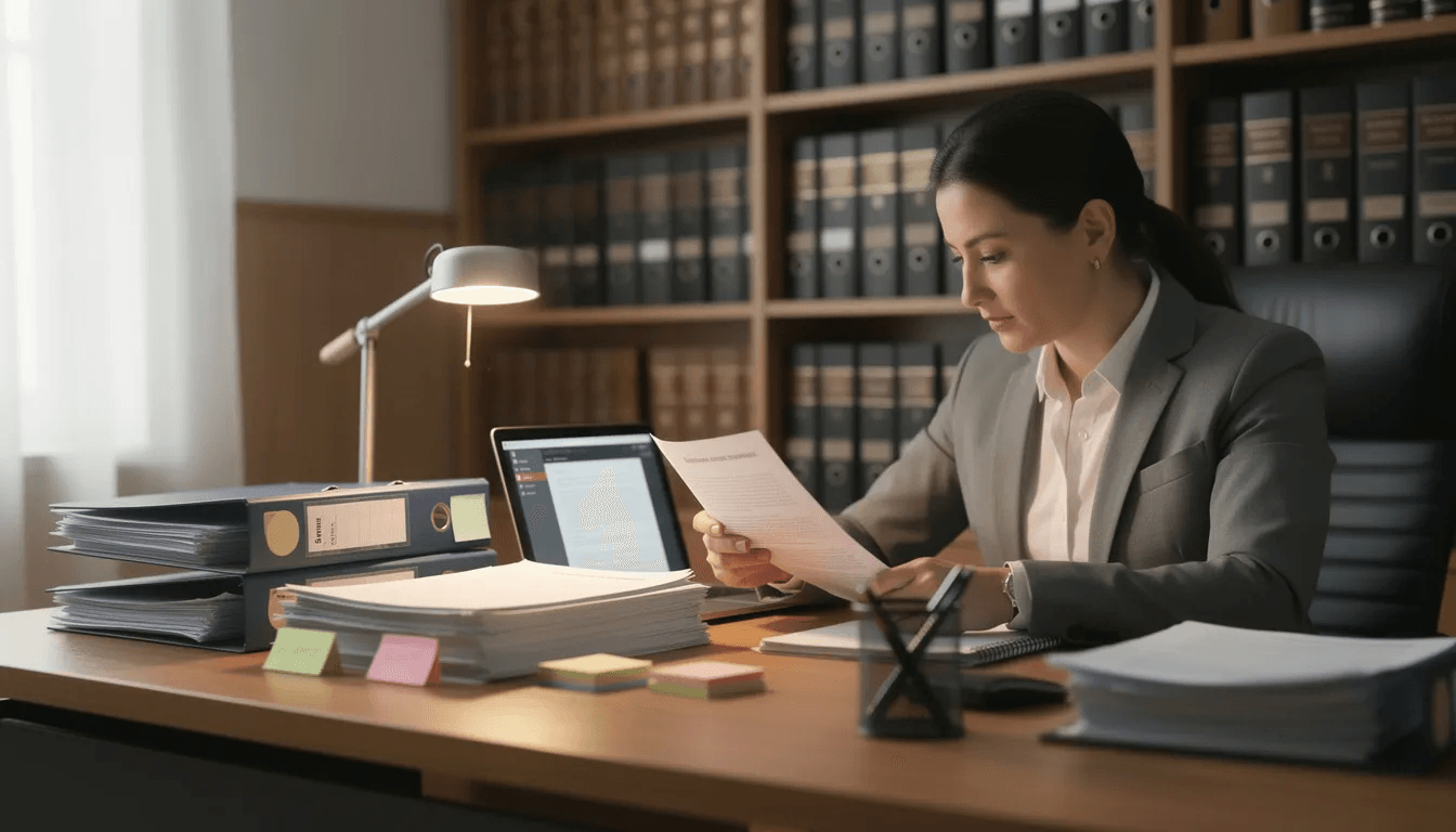A person is seated at a desk, surrounded by organized legal documents, intently reviewing papers related to debt collection practices. The scene suggests a focus on understanding fair debt collection practices and the legal obligations of debt collectors, potentially involving issues like credit card debt and consumer rights.
