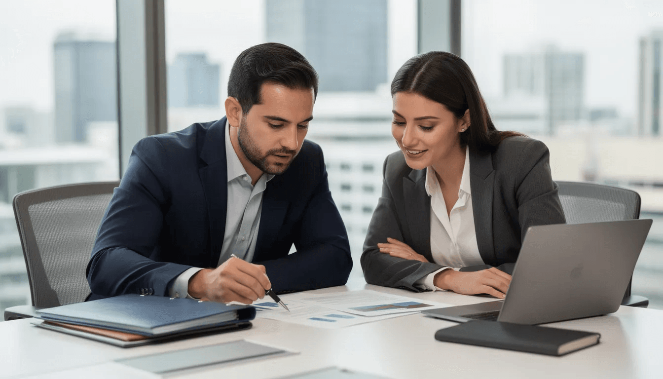 In a professional setting, two individuals are collaboratively reviewing documents that likely pertain to medical debt, including unpaid medical bills and credit reports. Their focus suggests an examination of financial assistance options and the implications of fair debt collection practices.