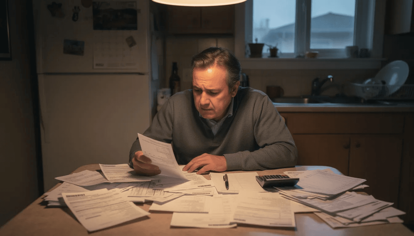 A person sits at a kitchen table, surrounded by a stack of medical bills and documents, carefully reviewing their outstanding medical bills and assessing their financial assistance options. The scene highlights the burden of medical debt and the importance of understanding fair debt collection practices and federal medical debt protections.