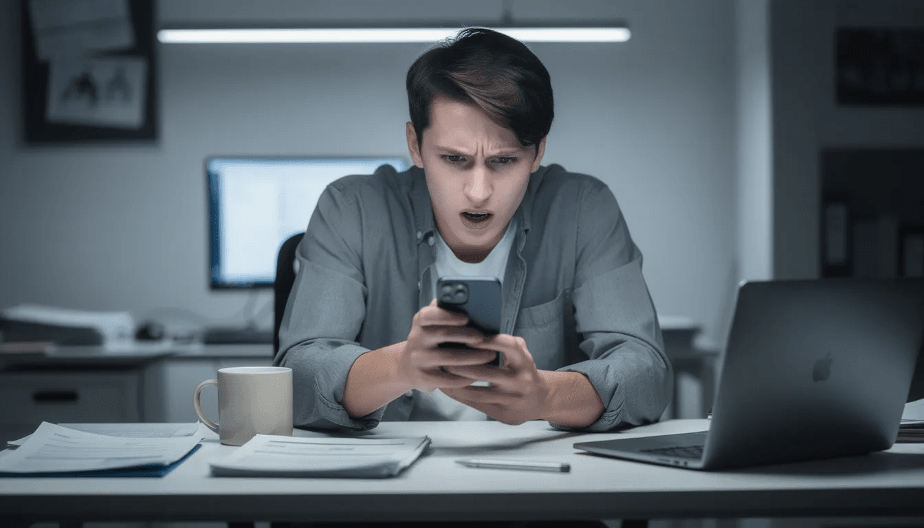 A person with a concerned expression is sitting at a desk, looking at their smartphone, possibly receiving a message related to debt collection or communication from debt collectors on a social media platform. The scene suggests anxiety over personal debts and the implications of debt collection practices.