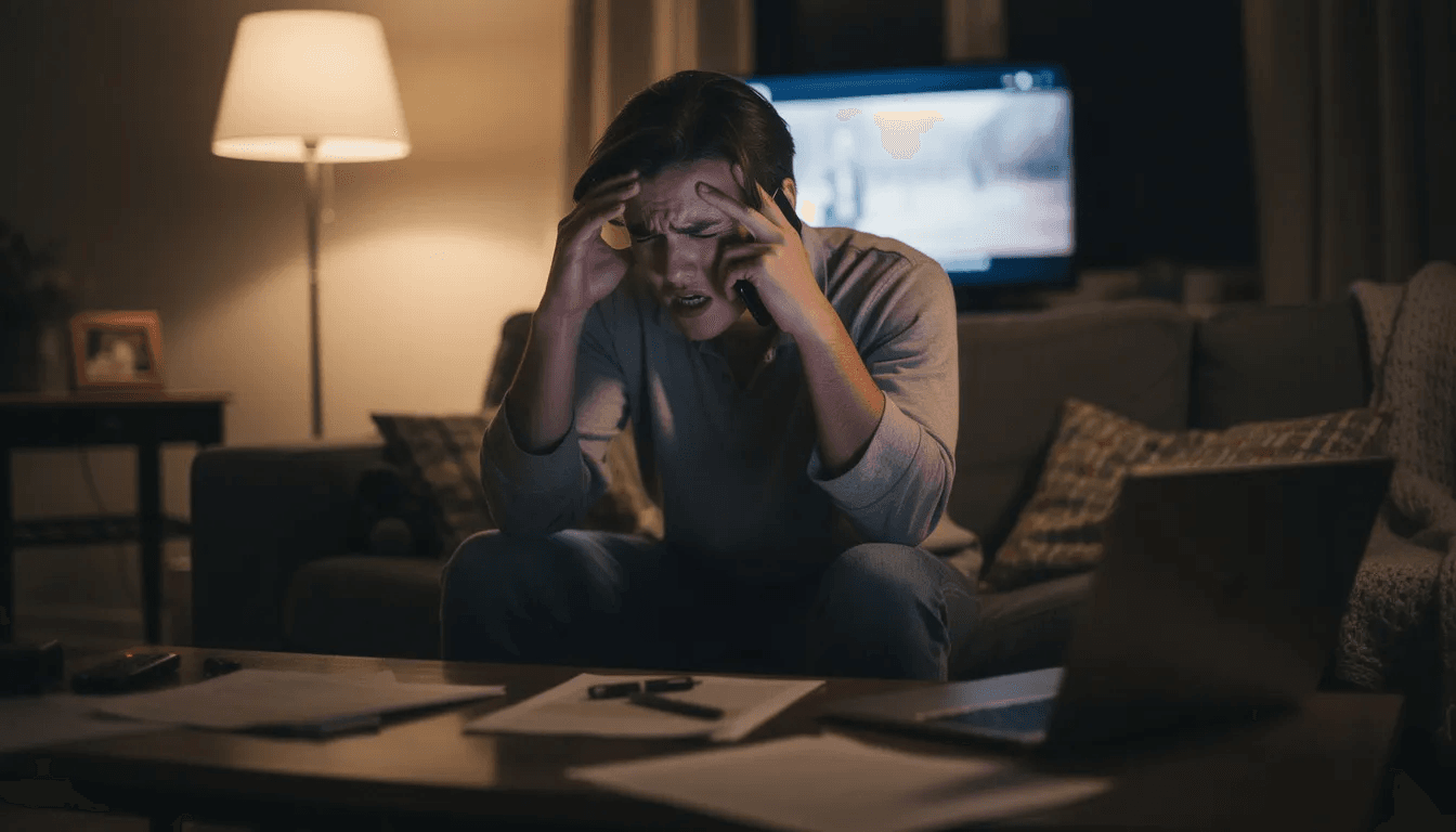 A stressed person is sitting in a dimly lit living room during the evening, holding their phone to their ear as they answer a call, possibly from a debt collector. The atmosphere suggests tension, highlighting the emotional burden that can come with debt collection calls and the complexities of fair debt collection practices.