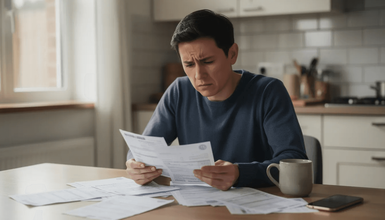 A concerned person is sitting at a kitchen table, closely examining a stack of papers, possibly related to personal injury claims or legal proceedings. The atmosphere suggests they are contemplating the implications of the statute of limitations and the time limits for pursuing their case.
