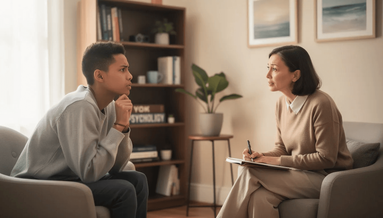 A person is engaged in a supportive conversation with a counselor, discussing strategies for managing debt and understanding fair debt collection practices. The setting emphasizes a safe environment for addressing concerns related to debts owed and the impact of debt collector communication.