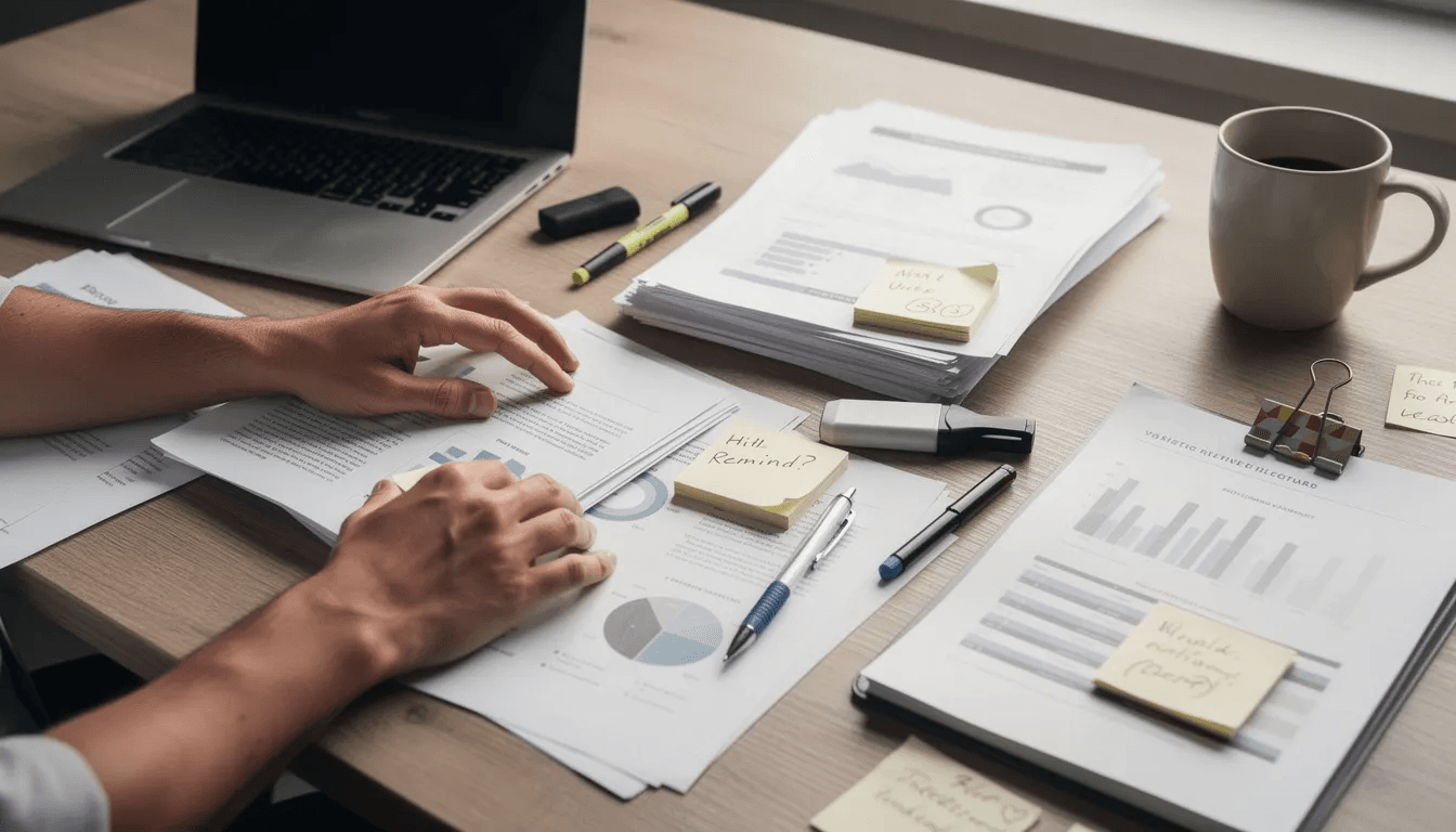 The image shows a pair of hands meticulously organizing various papers and documents on a desk, which may include account statements and records related to unpaid debts. This scene reflects the importance of maintaining detailed records in the debt buying industry and understanding the legal rights associated with debt collection practices.