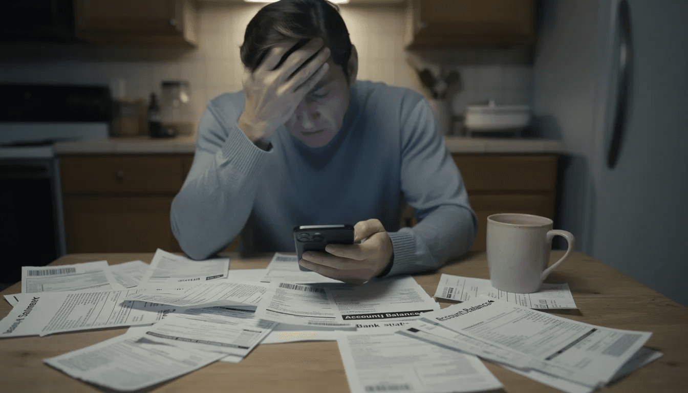 A stressed person sits at a kitchen table, looking at their phone and bank statements, likely concerned about potential overdraft fees and maintaining a positive balance in their checking account. The scene reflects the anxiety of managing everyday debit card transactions and the fear of incurring insufficient funds fees.