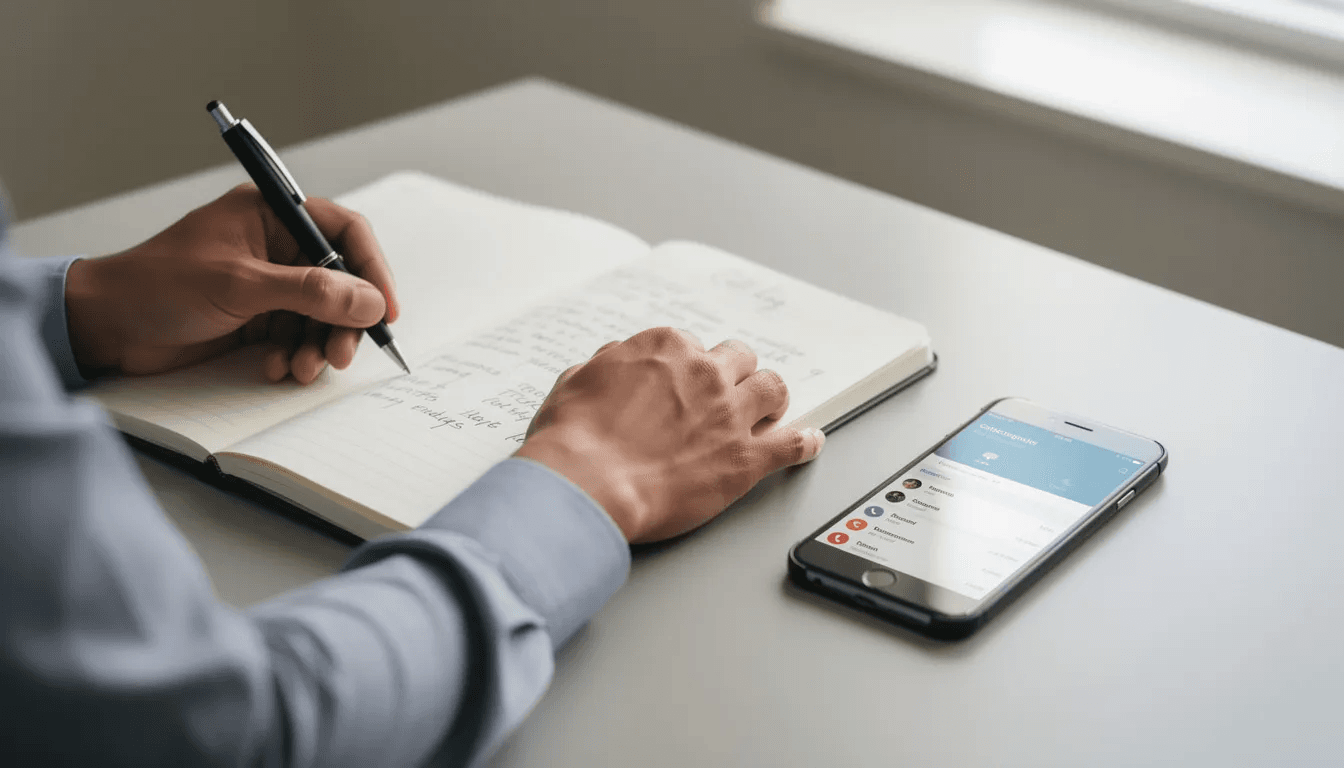 The image shows a person documenting repeated phone calls in a notebook, with a smartphone placed nearby, likely in response to harassing phone calls from debt collectors. This action reflects an effort to track and prove harassment, which can be important for legal claims against inappropriate behavior.