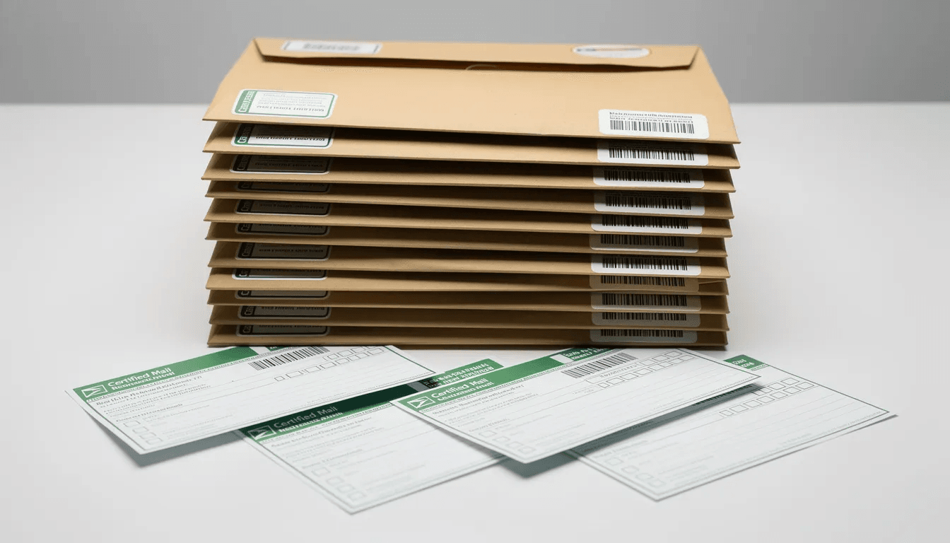 The image shows a stack of certified mail envelopes, each containing return receipt requested forms, often used by debt collectors to send important notices regarding outstanding debt or payment options. This method ensures that communication about debts, such as credit card bills or collection accounts, is formally acknowledged.