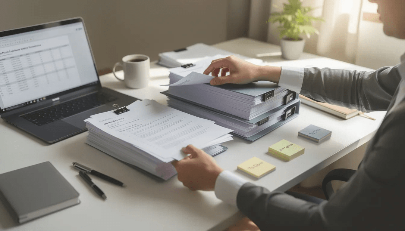 The image shows a person sitting at a desk, carefully organizing various documents related to personal financial matters, possibly involving debt collection. The cluttered workspace suggests a focus on managing debt and preparing for potential communication with debt collectors or legal action.