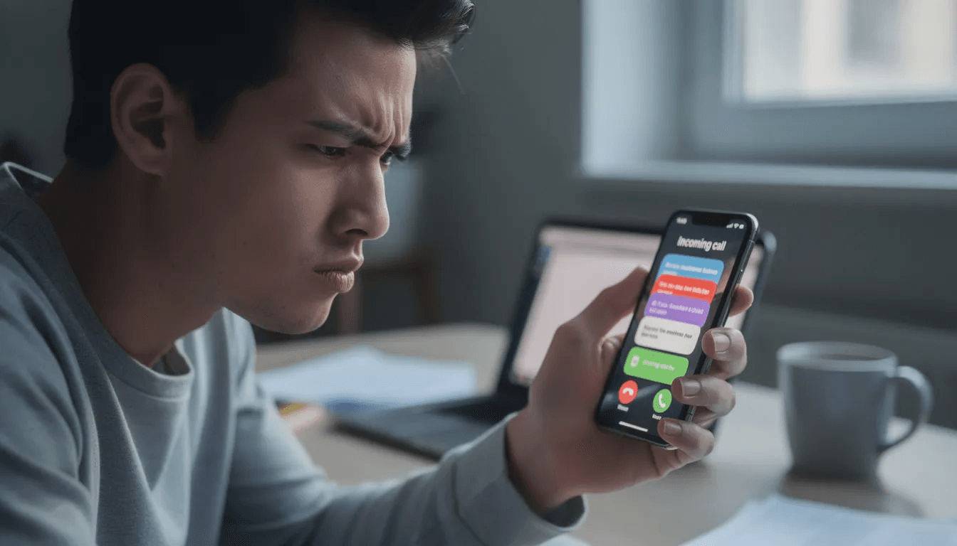 A frustrated person is holding their phone while receiving multiple calls, possibly related to their bank account issues, such as overdraft fees or insufficient funds fees. The expression on their face suggests they are overwhelmed by financial concerns, including managing debit card transactions and maintaining a positive balance in their checking account.