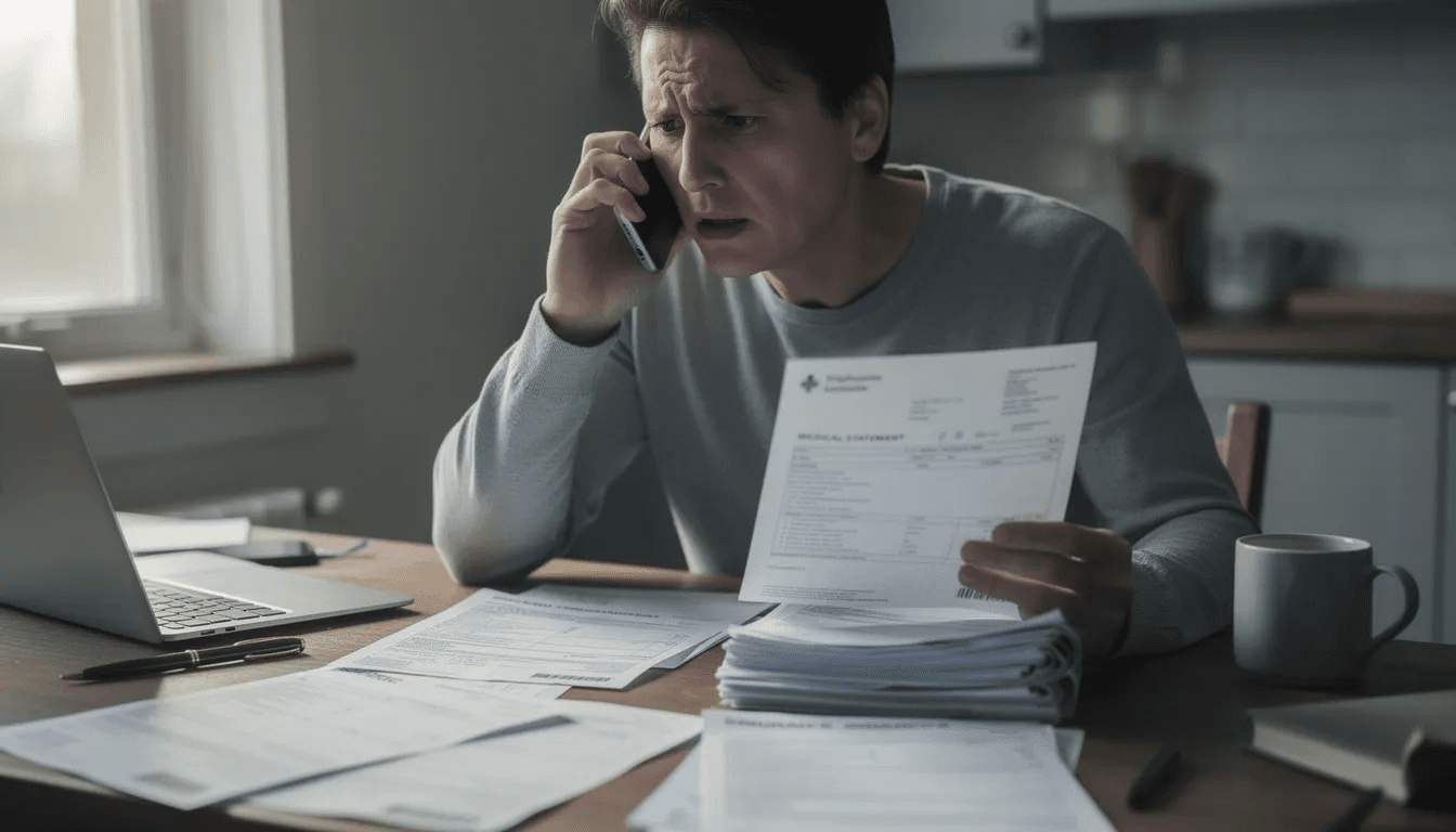 A person appears stressed while on the phone, reviewing medical documents that likely include unpaid medical bills and information related to their medical debt. The scene highlights the emotional burden of navigating medical debt collection and the complexities of managing financial assistance options.