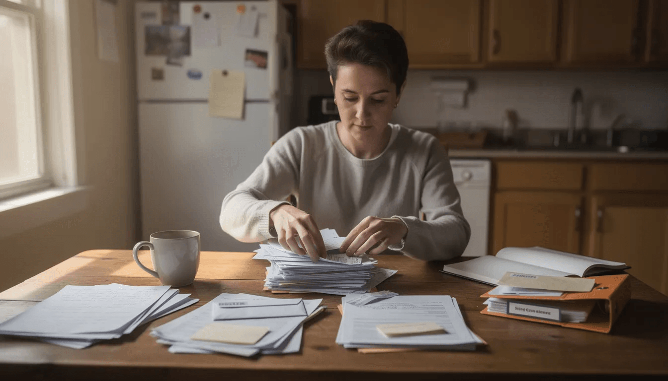 A person is seated at a kitchen table, carefully organizing various documents and letters, which may include a debt validation letter and other important paperwork related to debt collection. The scene suggests a focus on managing financial matters, possibly in response to communication from a debt collector or collection agency.