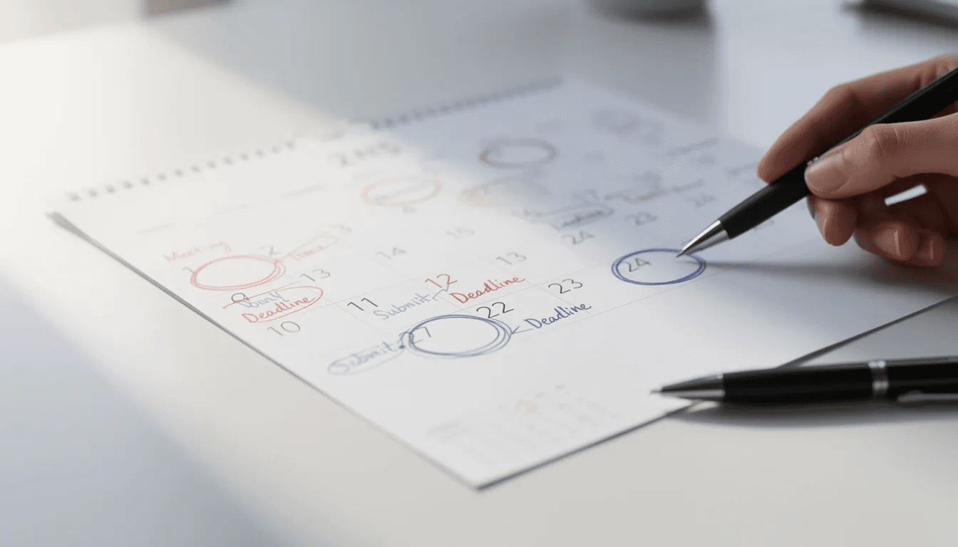 The image shows a calendar with several important dates circled in red, accompanied by a pen resting on top, indicating significant deadlines for debt verification requests and other collection activities. This visual emphasizes the importance of timely communication in managing debts and understanding the debt collection practices act.