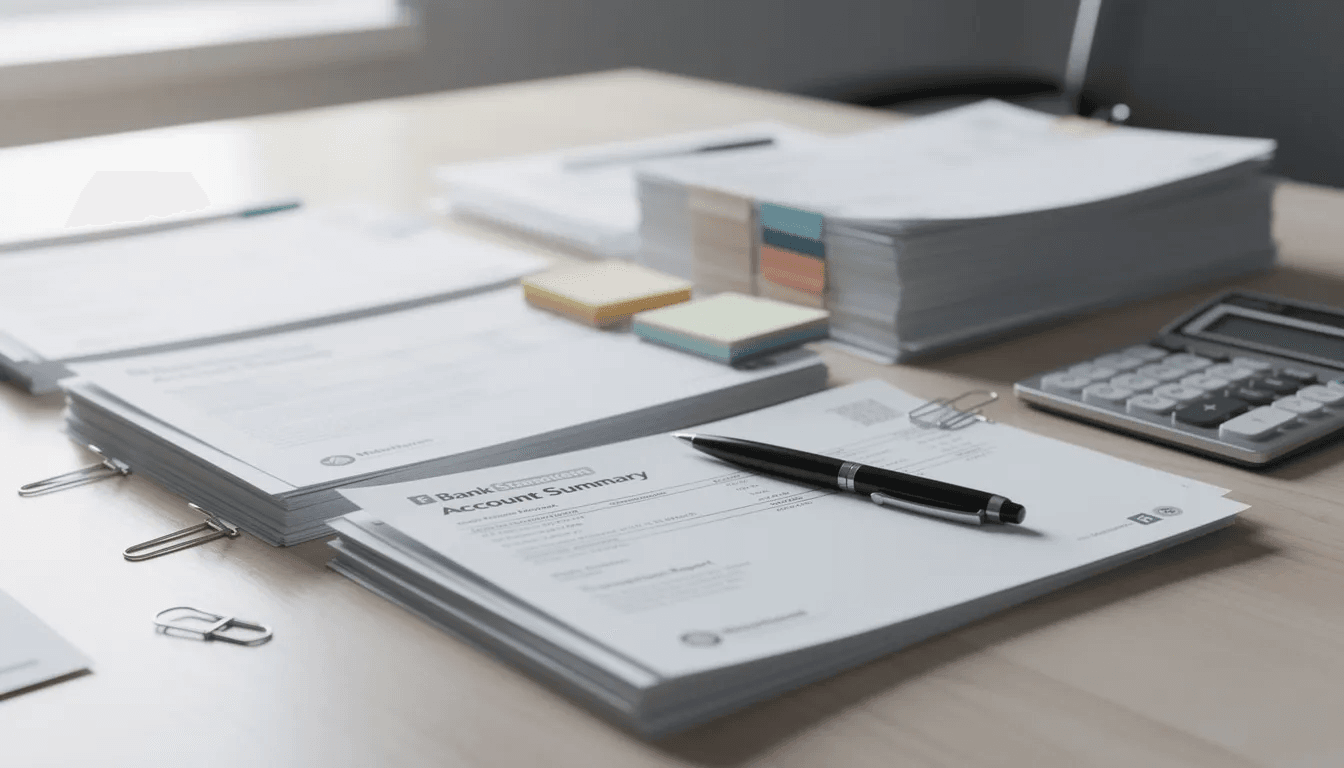A stack of organized bank statements and financial documents rests on a table, featuring various papers that may include credit reports, debt collection notices, and validation letters. These documents are essential for individuals looking to dispute a debt or verify their financial status with creditors and collection agencies.