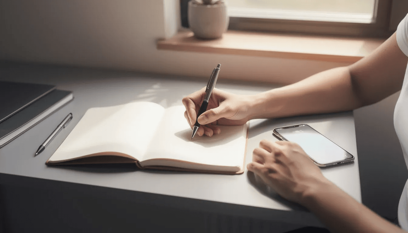 A person is sitting at a desk, taking notes while using a phone and a notebook, possibly preparing to communicate about debt collection practices or financial problems. The scene suggests an environment where one might be discussing their credit card debt or dealing with a debt collector.