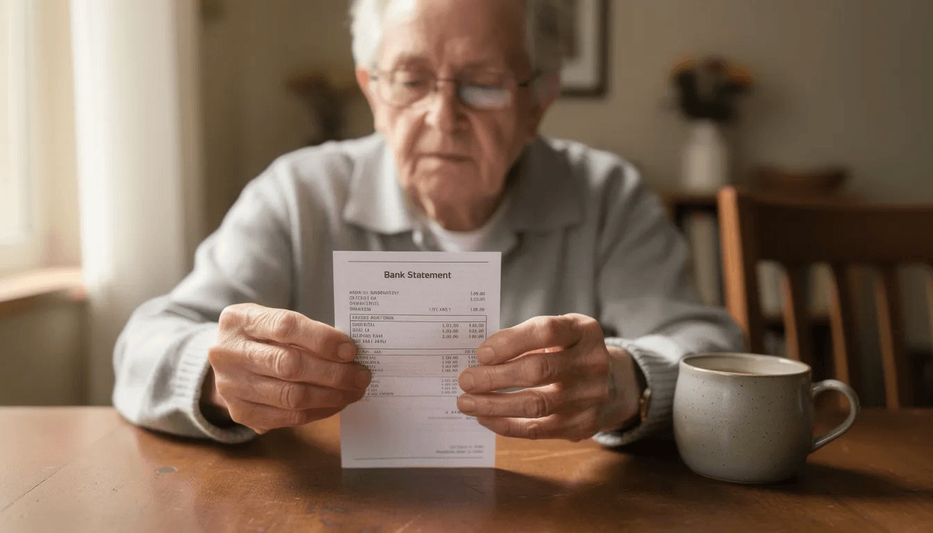 An elderly person sits at a table in their home, carefully reviewing bank statements and financial documents, possibly related to managing unpaid debt or planning a repayment plan. The scene highlights the importance of understanding one's finances, especially in the context of wage garnishment and legal protections against debt collectors.