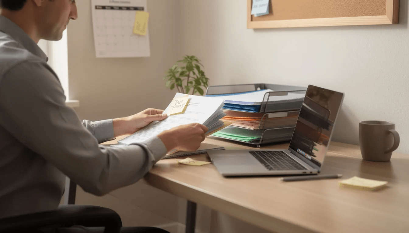 A person is sitting at a home office desk, carefully organizing important documents and paperwork related to debt collection, including legal notices and payment history. The workspace reflects a focus on fair debt collection practices and the legal processes involved in managing household debts.