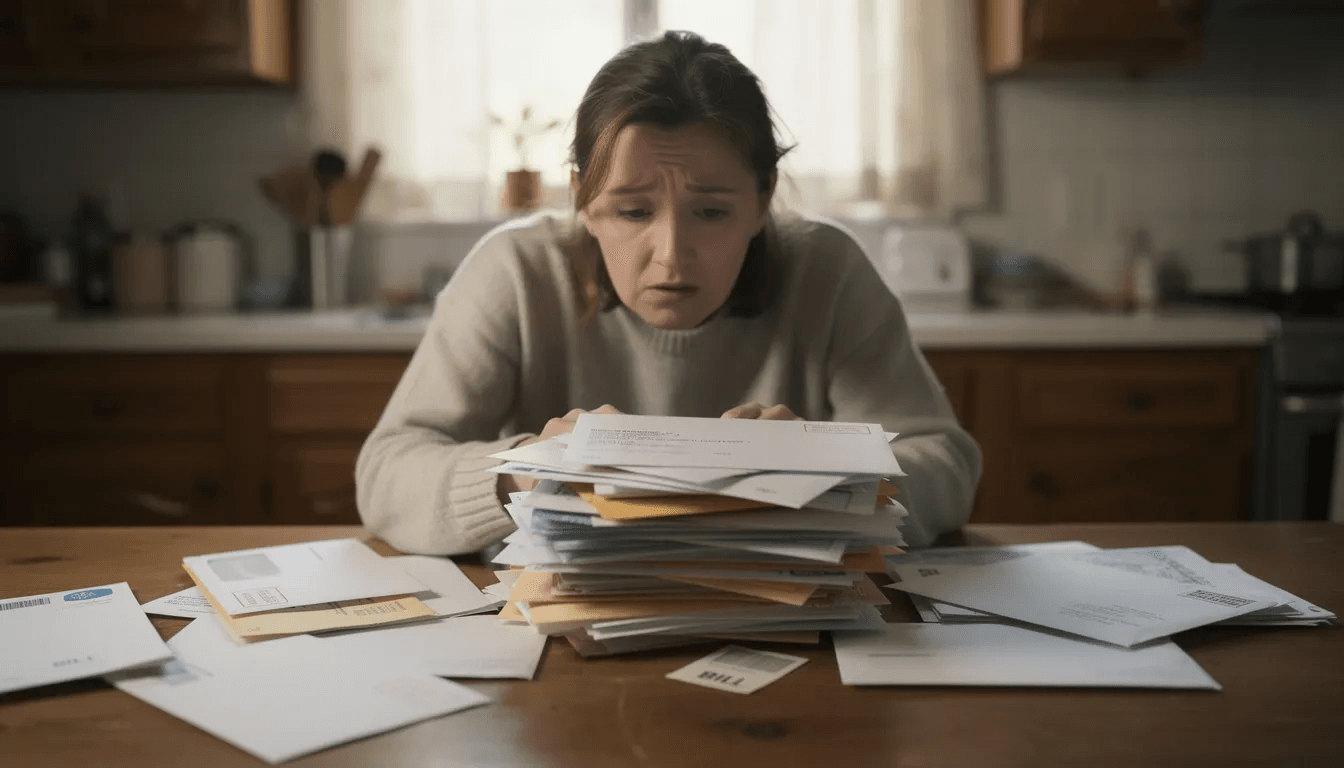 A concerned person sits at a kitchen table, staring at a stack of unopened mail, likely containing letters from debt collectors about unpaid debt. The tension in the scene suggests anxiety over potential legal action or wage garnishment if the debt collection is ignored.