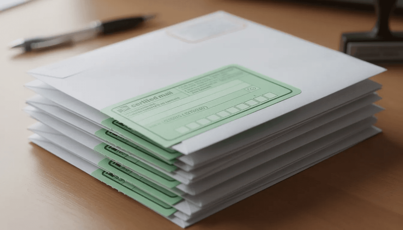 A stack of certified mail envelopes is shown, accompanied by green return receipt cards, typically used in debt collection practices to ensure proper communication and verification of correspondence. These envelopes may contain important documents related to unpaid debts or legal actions, such as validation notices or court papers.