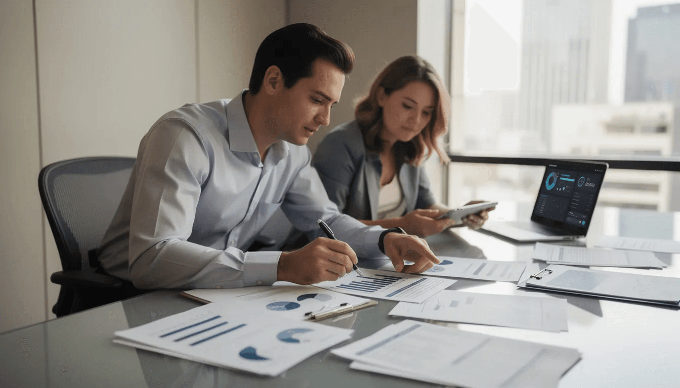 The image shows two individuals seated at a table, deeply engaged in reviewing financial documents together, likely discussing debt collection practices and their rights under federal law. This collaborative effort may involve understanding how debt collectors can contact them and the implications of unpaid debt.