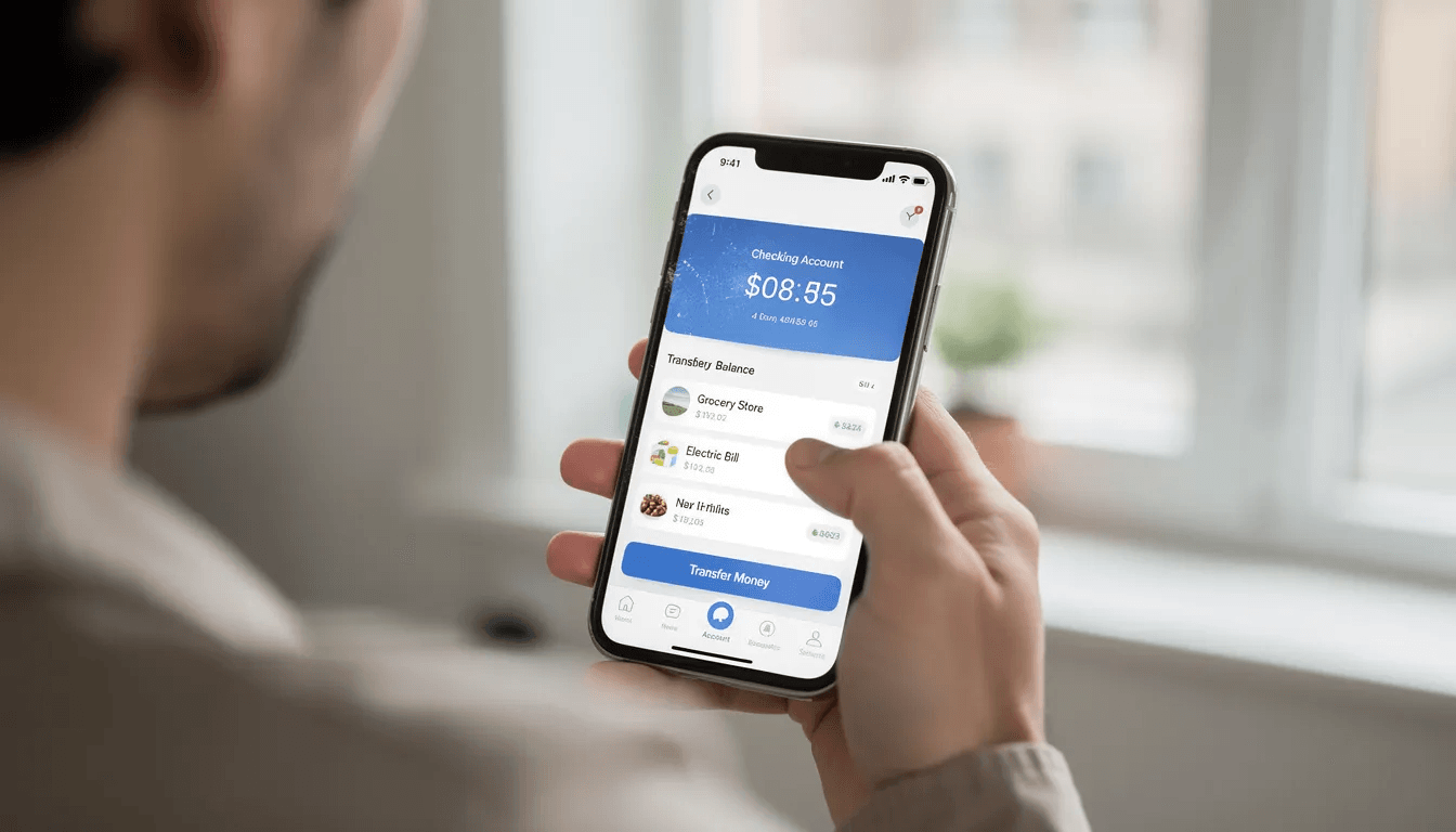 A person is using a mobile banking app on their smartphone to manage their bank account, checking their available balance and reviewing recent debit card transactions. The app likely provides options for overdraft protection and alerts for low balances to help users avoid overdraft fees.