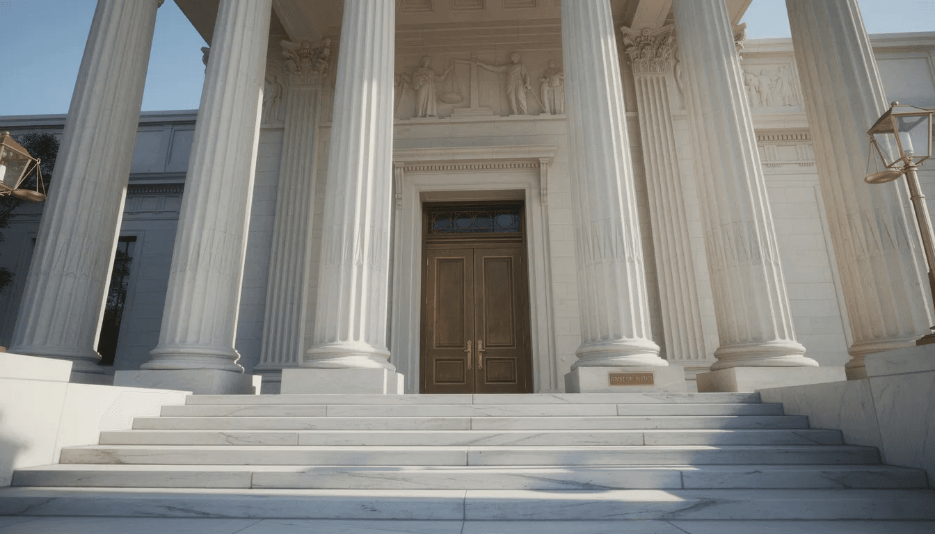 The image depicts the grand entrance of a courthouse, featuring tall columns that symbolize the principles of legal justice. This architectural design serves as a reminder of the legal rights and protections available to individuals, including those facing harassment from debt collectors through repeated phone calls.