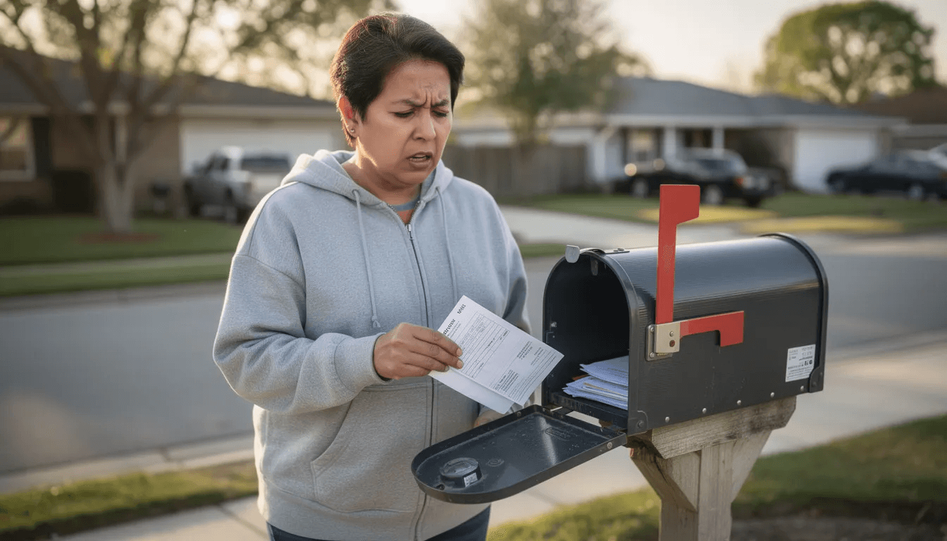 A person with a concerned expression is checking their mailbox while holding financial documents, possibly related to unpaid debt or a collection account. The scene suggests anxiety about how debt collection practices may affect their credit score and overall financial situation.
