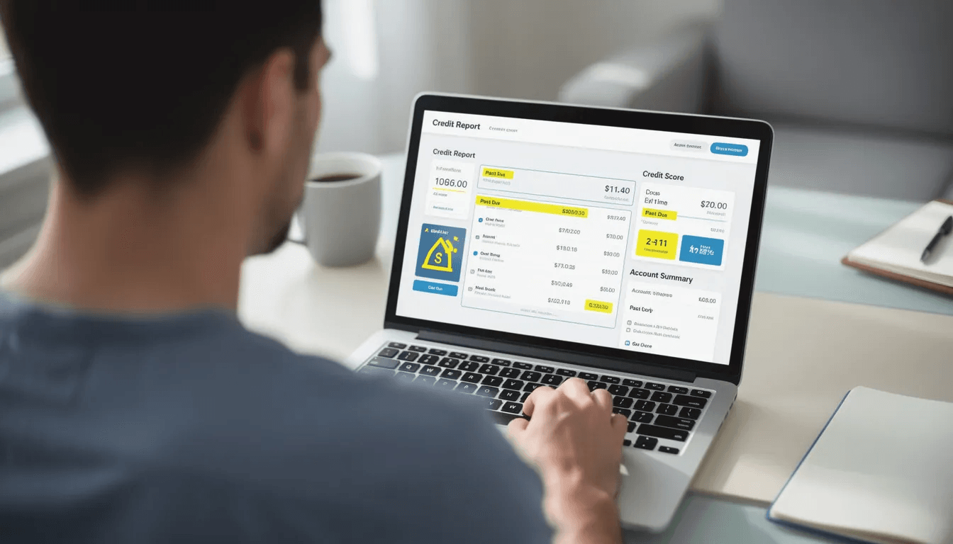 A person is intently looking at a laptop screen displaying their credit report, with certain sections highlighted to indicate important information about their outstanding debt and credit scores. The report may include details relevant to debt collection practices, payment plans, and the status of various debts owed to creditors.