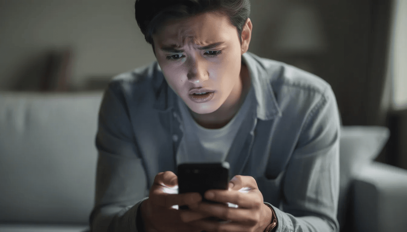 A person appears worried while checking their phone, their concerned expression suggesting they may have received a distressing message related to debt collection or a potential scam. This moment captures the anxiety many consumers feel when dealing with fake debt collectors or threats of legal action regarding their financial obligations.